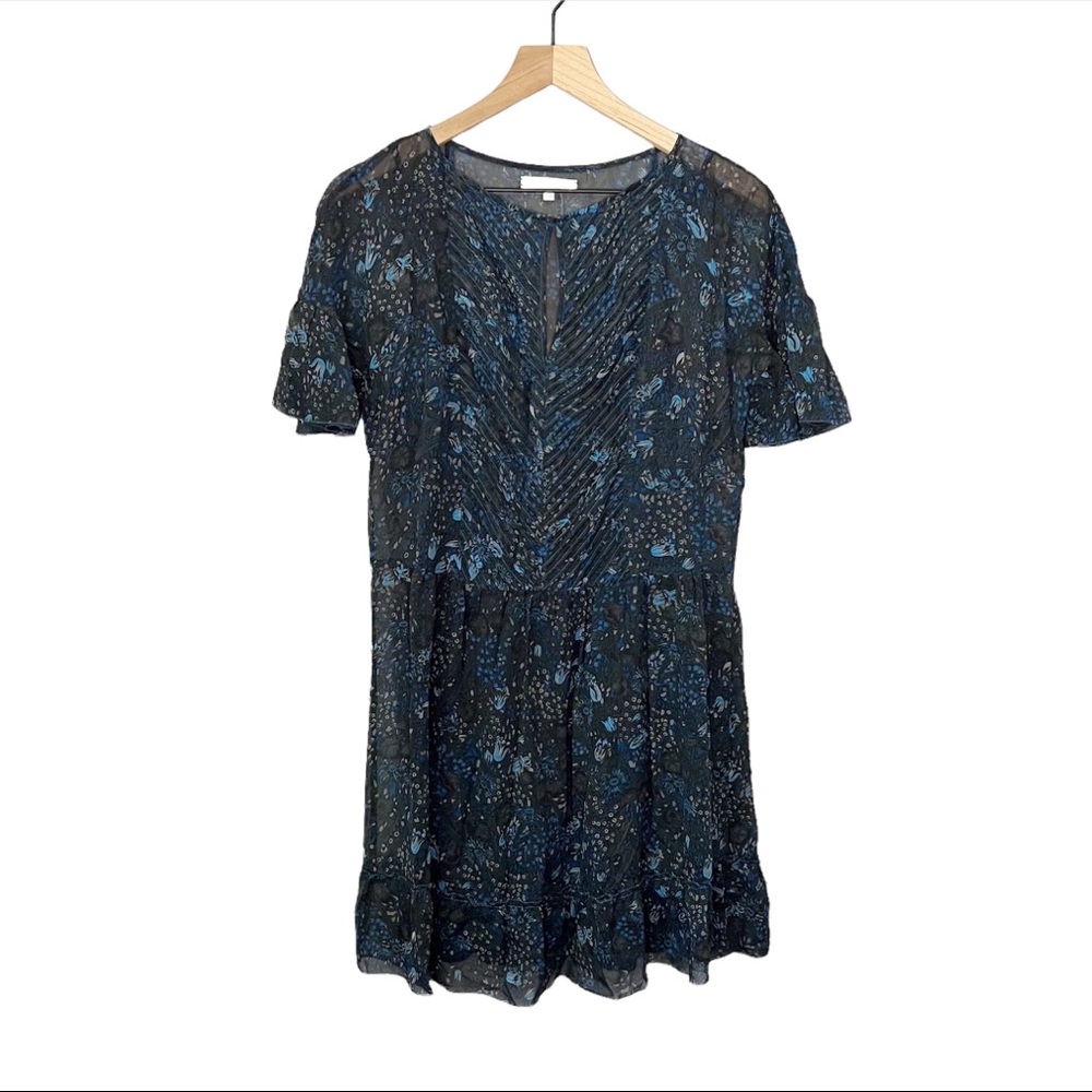 Madewell Eliot 100% Silk Short Sleeve Ruffle Floral Printed Dress in Blue 4